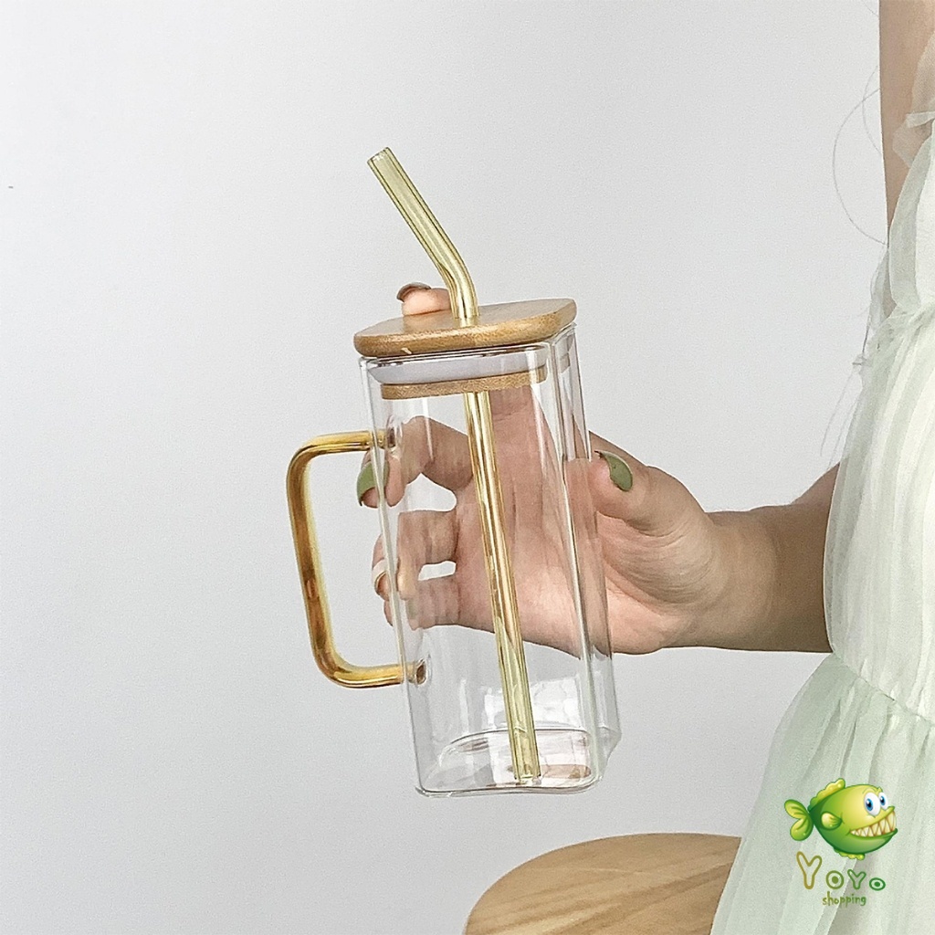 YOYO แก้วทรงสี่เหลี่ยม พร้อมฝาปิด และ หลอดดูด  ถ้วยน้ำผลไม้  400ml Glass coffee cup