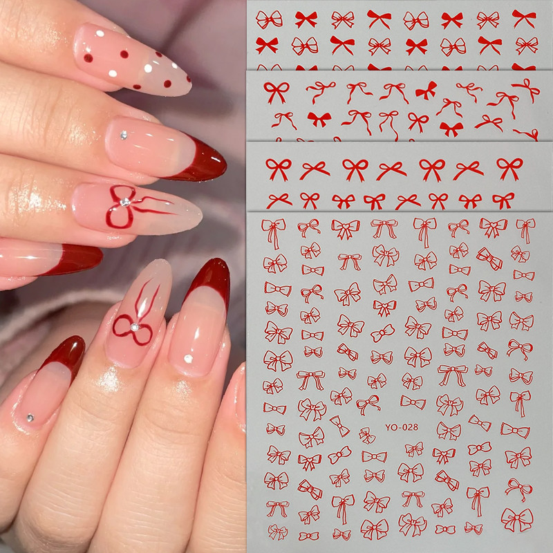 Chic สีแดง Bowknot ผ้าไหมริบบิ้น Pearl Elegant Line Self กาวสติกเกอร์เล็บ Dressy Rhinestone เล็บ Decals อุปกรณ์เล็บ