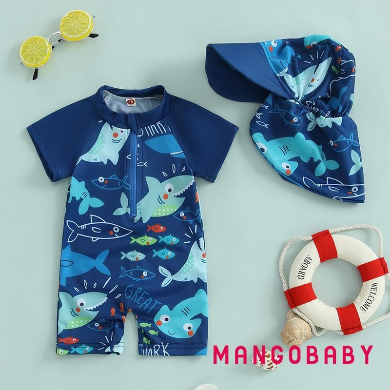 Mg-toddler Boys Rash Guard ชุดว่ายน้ํา Playsuits Shark พิมพ์ซิปแขนสั้นชุดว่ายน้ําป้องกันแสงแดดพร้อมหมวกว่ายน้ํา