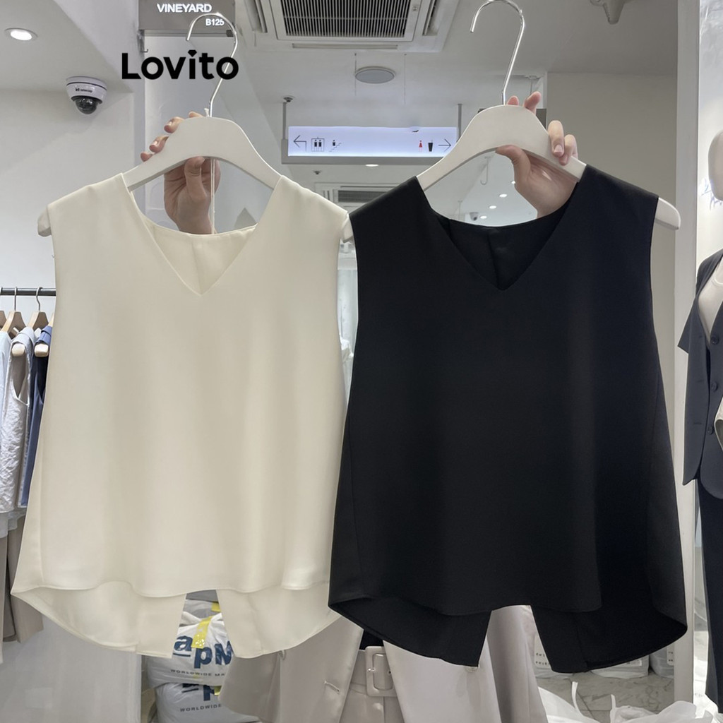 Lovito เสื้อกล้ามผู้หญิง แต่งผ่า สีพื้น สไตล์หรูหรา L83ED133(หลากสี)