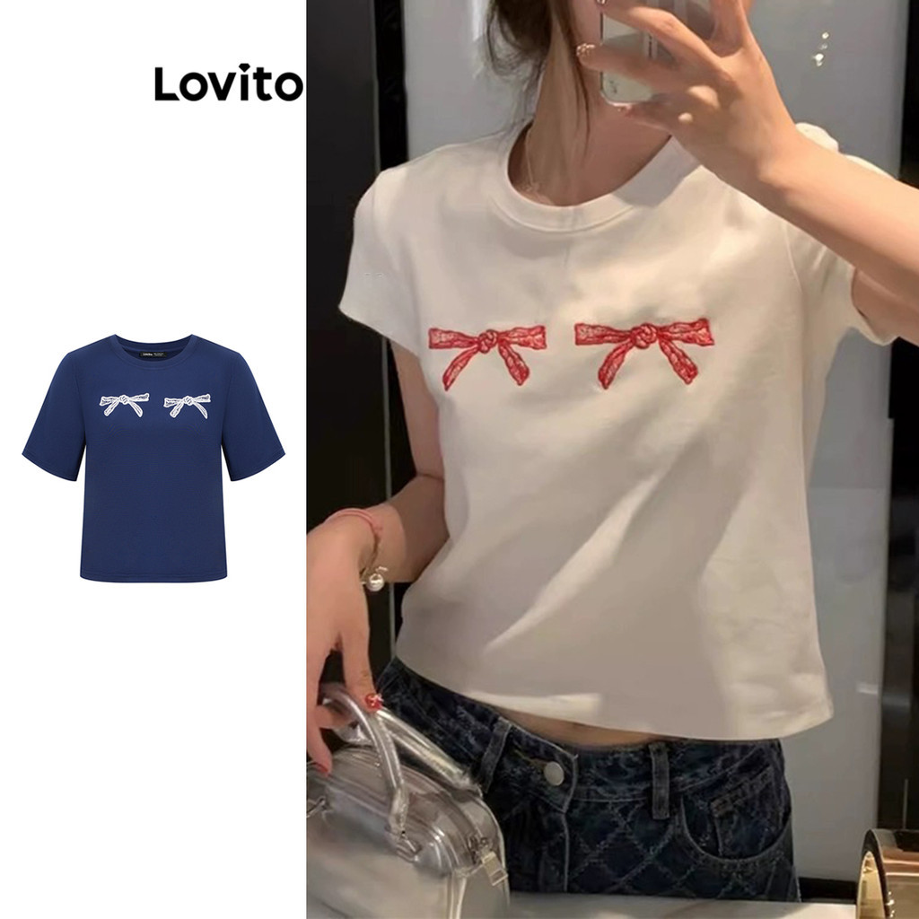 Lovito เสื้อยืดผู้หญิง ปักลายโบว์ สีพื้น สไตล์ลำลอง LNA54208(หลากสี)