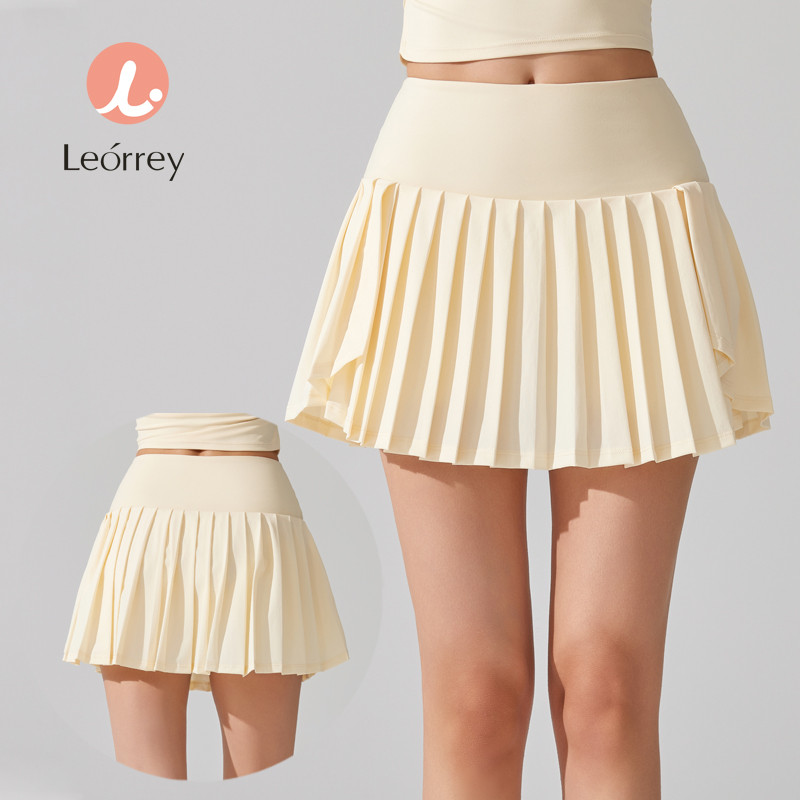 Leorrey-กระโปรงเทนนิสโยคะทรงเอเอวสูง กระโปรงเทนนิสฟิตเนสสั้นยืดทรงเทรนด์จีบ