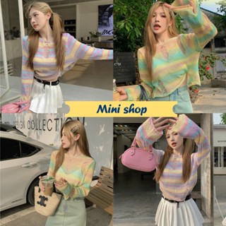 Mini shop🌸พร้อมส่ง🌸 (4Y87) เสื้อครอปสีพาสเทล แขนยาวแต่งขาดๆ -C