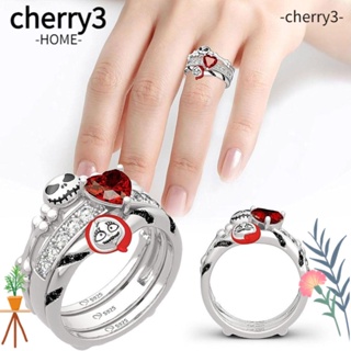 Cherry3 ชุดแหวนเพทาย โลหะผสม รูปหัวกะโหลก หัวใจ ประดับคริสตัล เครื่องประดับแฟชั่น สําหรับผู้ชาย