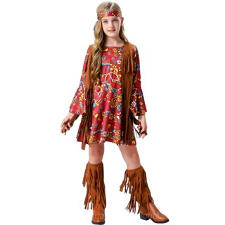 [0709]SZMRP-COS-G S-XL Music Festival Childrens Retro Disco Costume Halloween Girls Printed Hippie Tassel Performance Wear Cosplay Animation  Comic  Gift  CBLQ