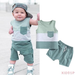 Kidsup1- ชุดเสื้อแขนกุด คอกลม กางเกงขาสั้น สีพื้น พร้อมกระเป๋า แฟชั่นฤดูร้อน สําหรับเด็กผู้ชาย