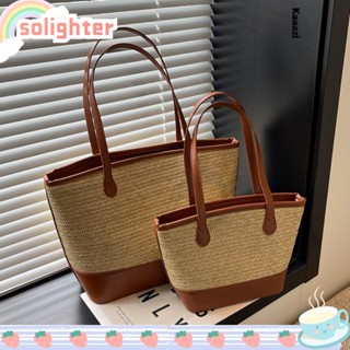 Solighter กระเป๋าสะพายไหล่ ฟางสาน ขนาดใหญ่ แฮนด์เมด สีตัดกัน สําหรับผู้หญิง