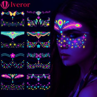 Lveror สติกเกอร์รอยสักชั่วคราว สีนีออนเรืองแสง กันน้ํา 8 ชิ้น