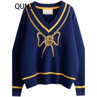 Qunz เสื้อถัก คอวี ทรงหลวม แฟชั่น 7132