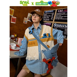 Limited! No more stock add, Sesame Street x SNBL Fake Two-piece Knitted Splicing Denim Jacket แจ็คเก็ตยีนส์ผ้าไหมพรม