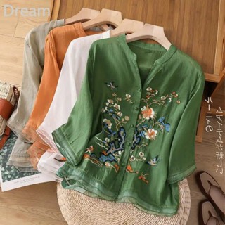 Retro thin embroidered shirt womens summer organza stitching middle sleeve shirt slim V-neck high-end elegant small shirt