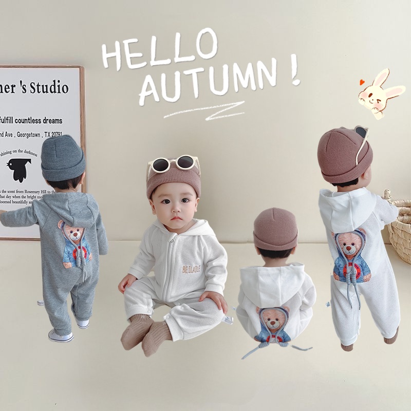 คุณภาพสูง ฤดูใบไม้ผลิและฤดูใบไม้ร่วง ใหม่ เด็กทารก เด็กผู้หญิง แขนยาว มีฮู้ด บอดี้สูท 0-24 เดือน เด็กทารก คลาส A ผ้าฝ้าย การ์ตูนหมีน้อย น่ารักมาก ชุดรอมเปอร์ สไตล์เกาหลี