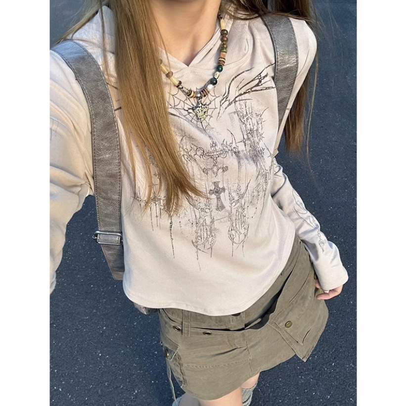 ใหม่ เสื้อยืดแขนยาว มีฮู้ด พิมพ์ลาย สไตล์เกาหลี เรโทร เซ็กซี่ เข้ารูป สีพื้น เหมาะกับฤดูใบไม้ร่วง สําหรับผู้หญิง Y2g
