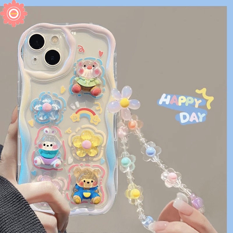 เคสโทรศัพท์มือถือ ขอบโค้ง ลายตุ๊กตากระต่าย หมี 3D พร้อมสายคล้องมือ สีรุ้ง สําหรับ Samsung A13 A54 A03s A53 A11 A23 A24 A04E A10s A14 A04s A03 A50s A21s A52 A30 A12 A32 A21s A34 A02s A51 A50