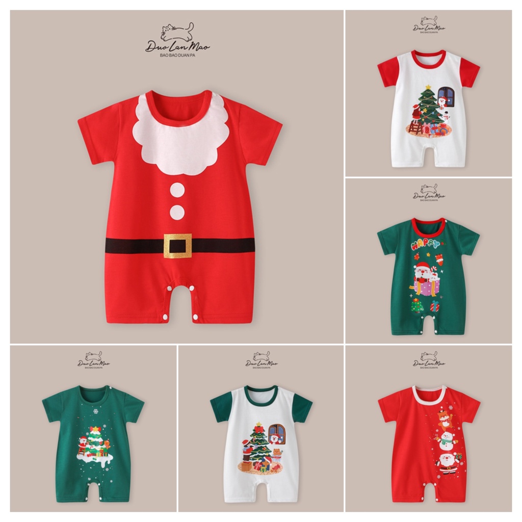 ชุดปีนเขาแขนสั้นเด็กอ่อนและเด็กวัยหัดเดินชุด แรกเกิด 0-15 เดือน ชุดเหมาะกับรูปถ่ายทารกในฤดูร้อน ชุดลายคริสมาส ผ้าฝ้าย100%