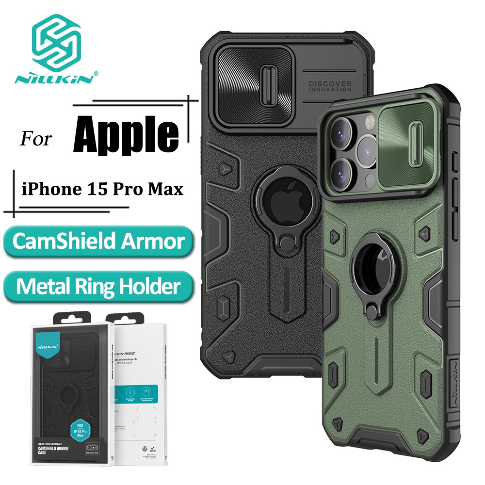 Nillkin CamShield Armor เคสโทรศัพท์ ป้องกันหนัก สําหรับ iPhone 15 Pro Max พร้อมตัวยึดแหวนโลหะ ป้องกันกล้อง (เปิด)