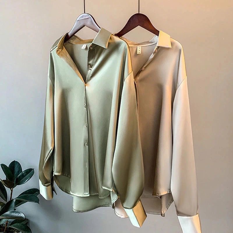 เสื้อเชิ้ตแขนยาว ผ้าซาติน แฟชั่นฤดูใบไม้ผลิ และฤดูใบไม้ร่วง สําหรับผู้หญิง