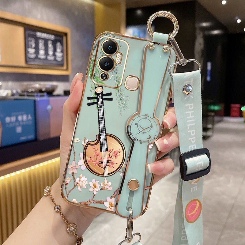 เคสโทรศัพท์มือถือ ชุบไฟฟ้า พร้อมสายคล้องข้อมือ หรูหรา สําหรับ infinix Hot 12 Play NFC Hot 12i X665B X665 X6817B X6816C X6816 X6816D
