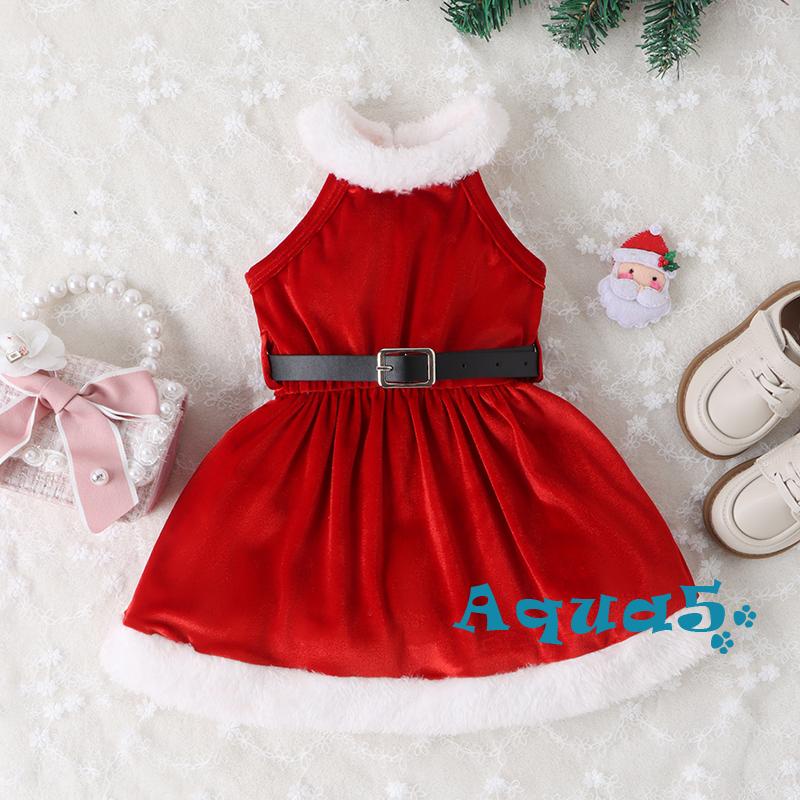 Aqq- ชุดเดรสทรงเอ แขนกุด คอกลม สีแดง พร้อมเข็มขัด เครื่องแต่งกายคริสต์มาส สําหรับเด็กผู้หญิง