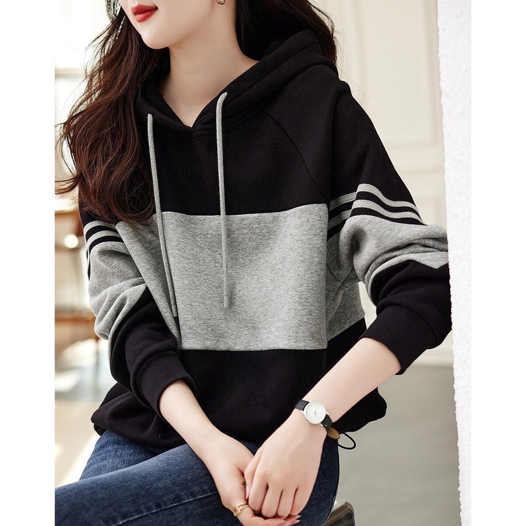 เสื้อกันหนาวลําลอง มีฮู้ด ทรงหลวม แฟชั่นฤดูใบไม้ผลิ และฤดูใบไม้ร่วง สําหรับสตรี