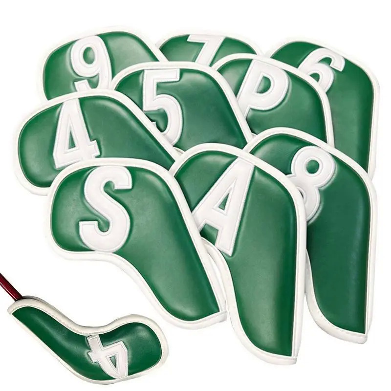 9pcs Golf Iron Head Covers Green PU Leather Golf Club Cover 4 5 6 7 8 9 P A S X Protector Waterproof