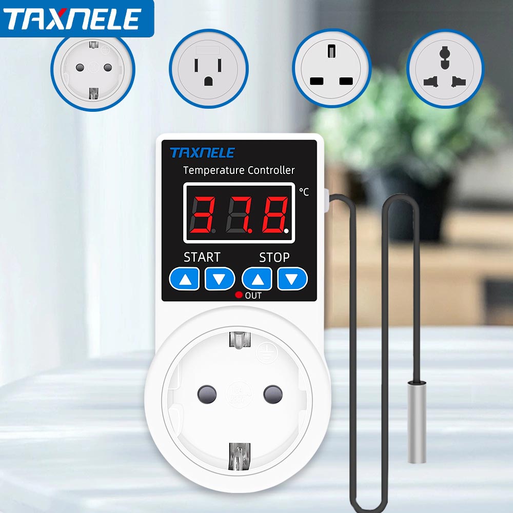 Taxnele 110V 220V ซ็อกเก็ตเทอร์โมสตัทเครื่องควบคุมอุณหภูมิแบบดิจิตอล NTC Sensor Probe
