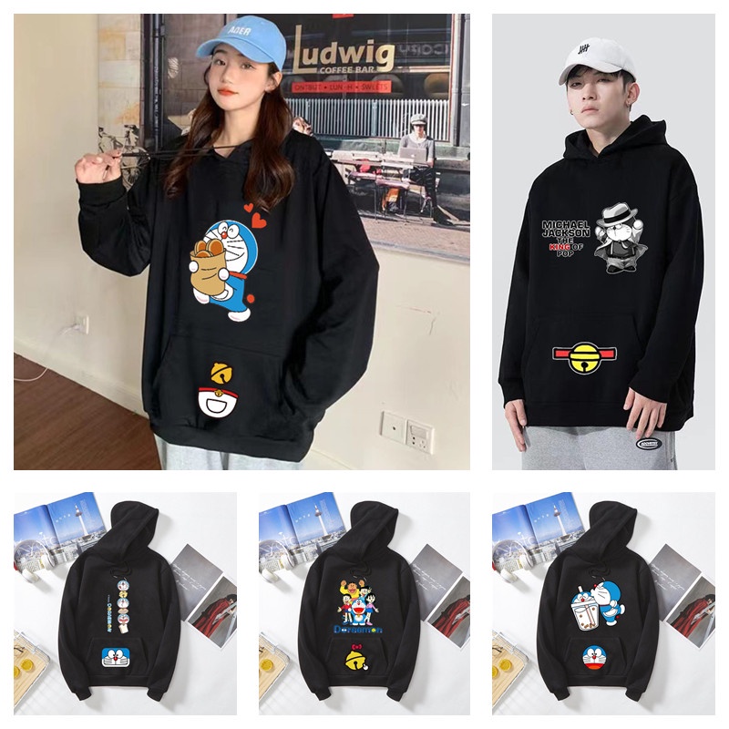 เสื้อกันหนาวแขนยาว มีฮู้ด ลายการ์ตูนโดราเอมอน แบบหนา แฟชั่นคู่รัก
