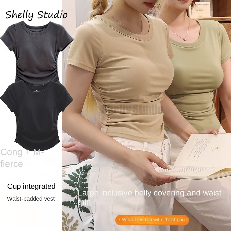 2-in-1 เสื้อยืดคอกลม แขนสั้น วันพีช พร้อมแผ่นรองหน้าอก สไตล์ฤดูร้อน สําหรับผู้หญิง
