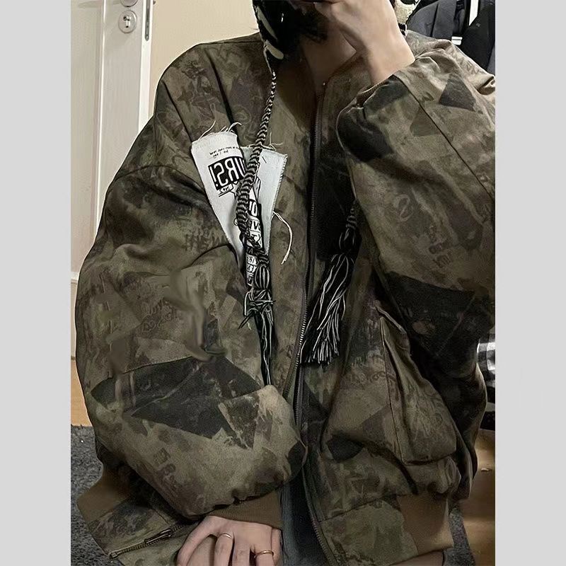 เสื้อแจ็กเก็ตเบสบอล แขนยาว ทรงหลวม สีมัดย้อม สไตล์เรโทร อเมริกา สําหรับผู้หญิง