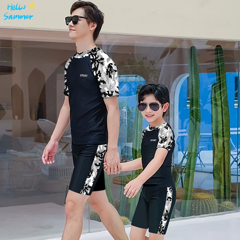พร้อมสต็อกพ่อ-ลูกชายชุดว่ายน้ําเด็กชายเด็กใหญ่เด็กพ่อแม่และลูกชุดว่ายน้ําพรางกีฬาพักผ่อนท่อง
