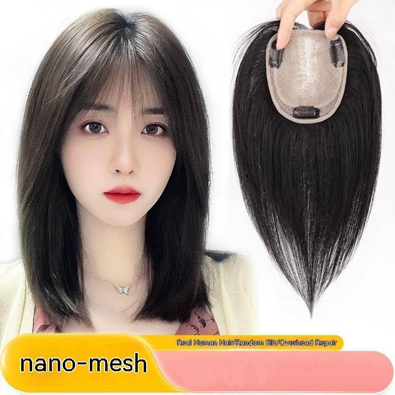 Nano Net 100% วิกผมมนุษย์ สีดํา และสีน้ําตาลเข้ม ทดแทนผมขาว ระบายอากาศ และน้ําหนักเบา เพิ่มวอลลุ่มผม สําหรับผู้หญิง