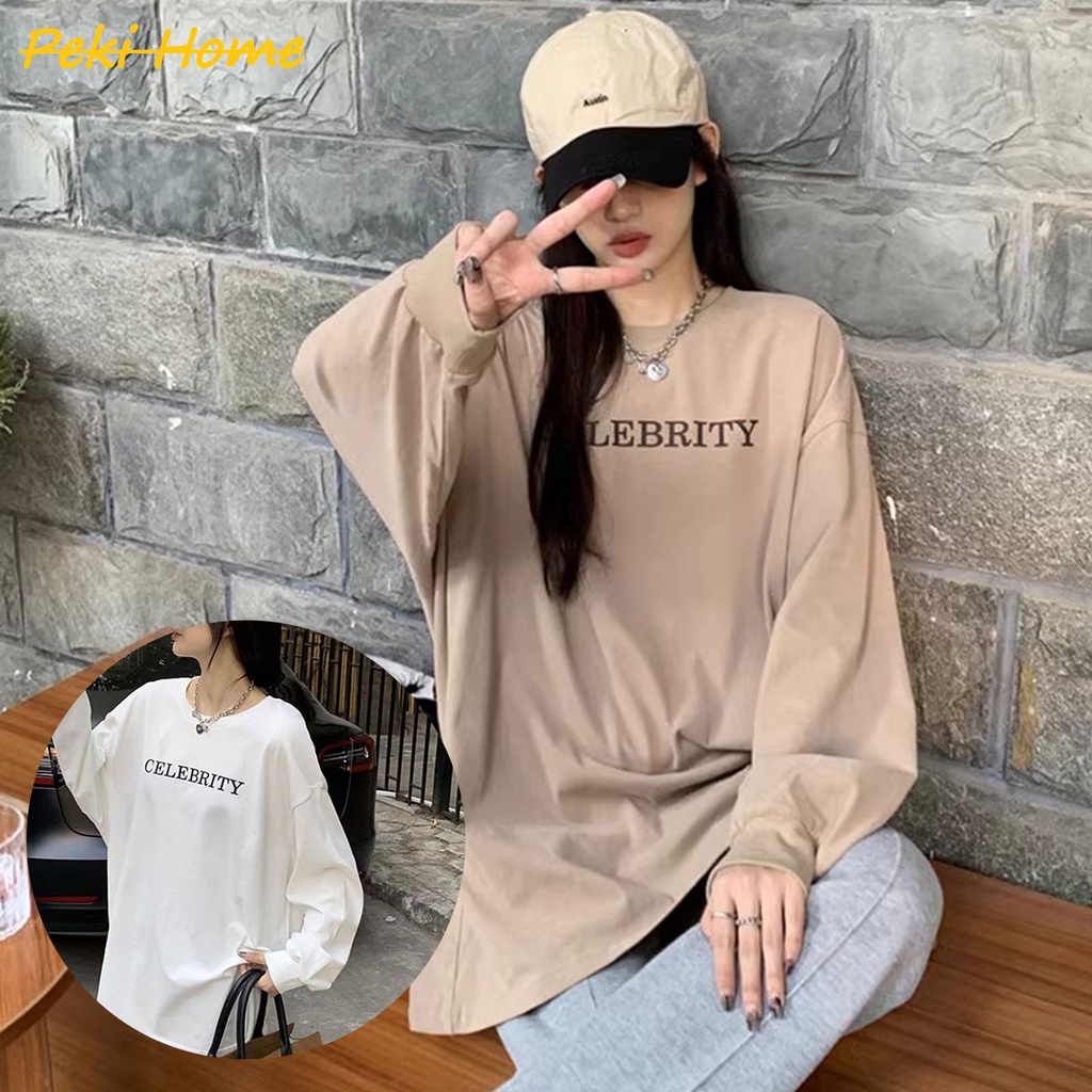 พร้อมส่ง เสื้อยืดเเขนยาวทรงหลวมพิมพ์ลายตัวอักษร สีพื้นๆ