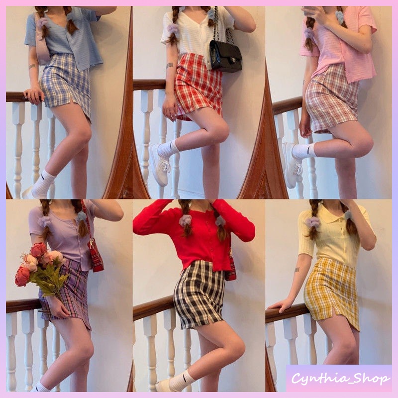 ✨Cynthia✨พร้อมส่ง🚚 กระโปรงลายสก็อต ผ้าลื่น ผ้ายืด เอวสม๊อคด้านหลัง มีกางเกงซับใน 🚚🚚  #2610