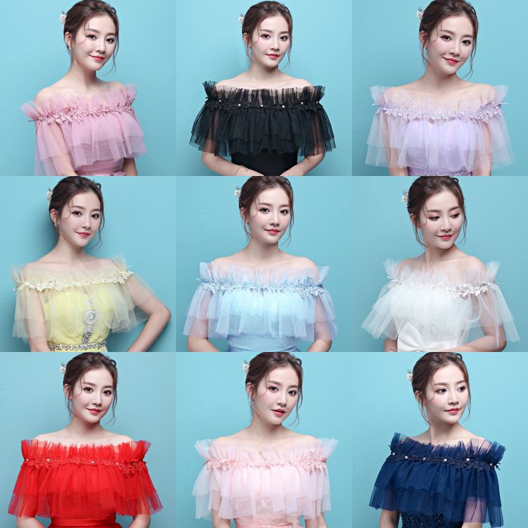 Ball Gown Off-shoulder Tulle ลูกไม้ผ้าคลุมไหล่เจ้าสาวชุดแต่งงานอุปกรณ์เสริม Cape หลายสี