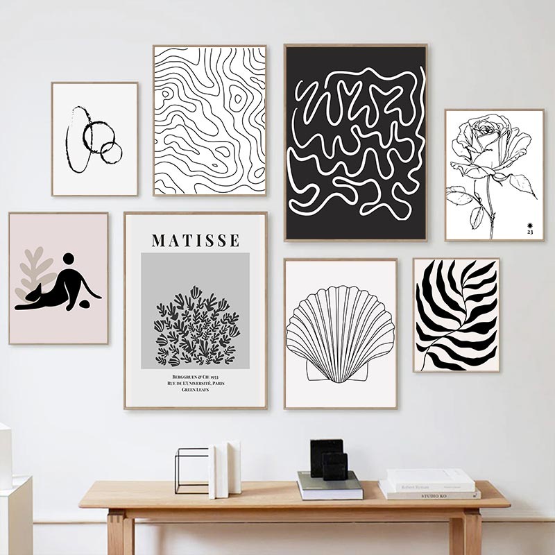 Matisse ภาพโปสเตอร์นามธรรม ดอกไม้ ตลาด ใบไม้ ผนัง ศิลปะ เส้น สีดํา และสีขาว โปสเตอร์ทางเดิน ห้องนั่งเล่น ชุดตกแต่ง