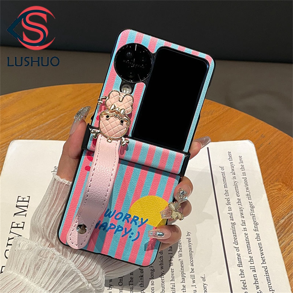 Lushuo เคสโทรศัพท์มือถือ แบบฝาพับ ลายการ์ตูนมังกรน่ารัก ลายทาง สีฟ้า สีชมพู หรูหรา พร้อมสายคล้องมือ สําหรับ OPPO Find n3 N2 Flip Find N2 n3 findn2 3