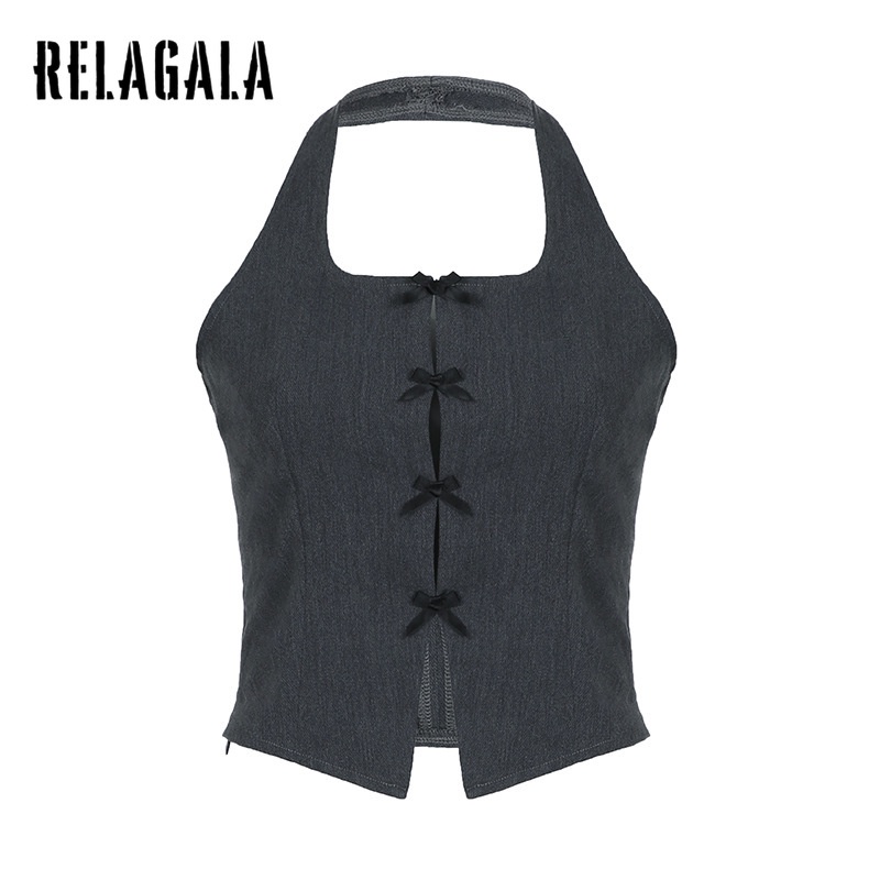 Relagala เสื้อครอปท็อปเซ็กซี่ ประดับโบว์ เอวลอย สีพื้น สําหรับผู้หญิง 2024