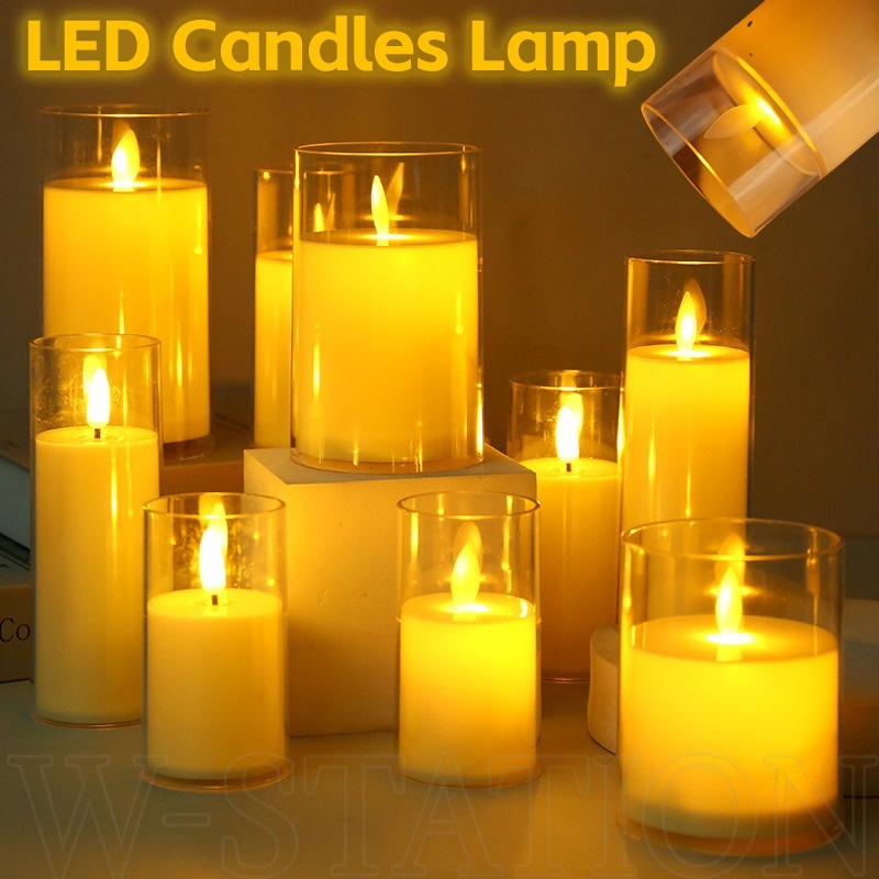 โคมไฟเชิงเทียนแก้วอะคริลิค LED / โคมไฟเทียนสั่นสะเทือน ไร้เปลวไฟ / ไฟชา LED ใช้แบตเตอรี่ / เทียนปลอมอิเล็กทรอนิกส์ สีขาวนวล / อุปกรณ์ตกแต่งบ้าน เทศกาล