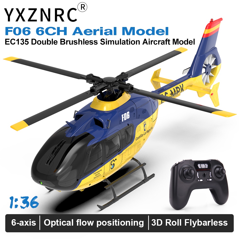 YXZNRC F06 EC135 6CH 2.4G RC Helicopter with Dual Brushless Motors & 3D Roll, 6-Axis Gyro RTF Flybar
