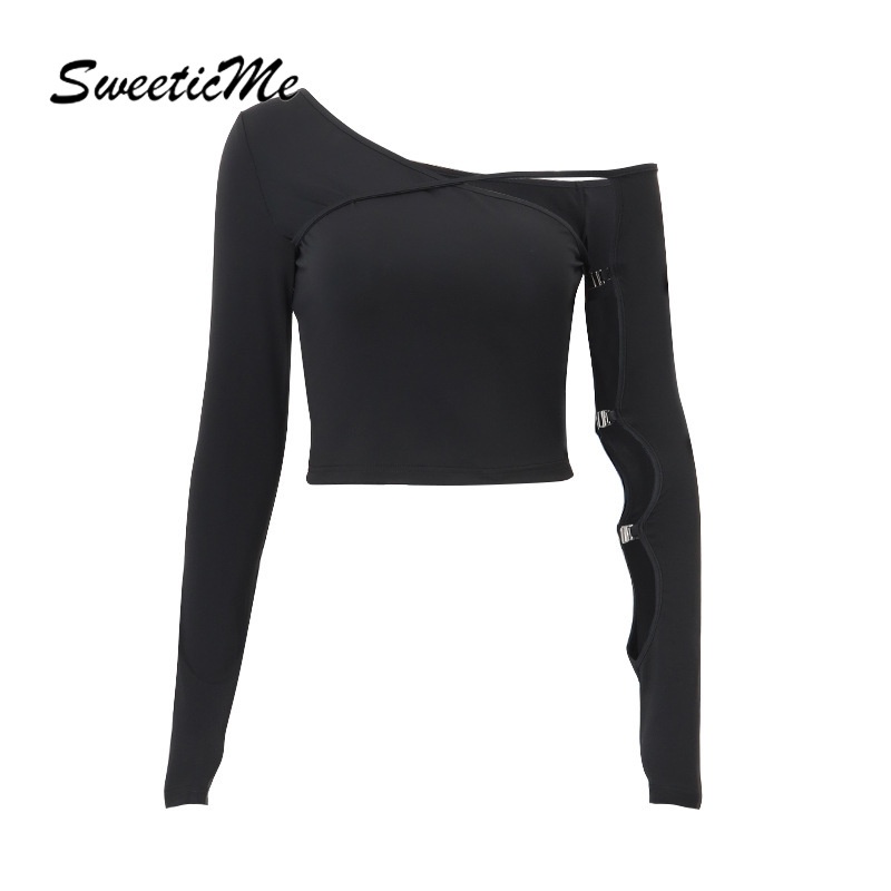 ขนมหวาน เสื้อสตรีแฟชั่นใหม่สีทึบแขนยาวปกแนวทแยงกลวงเซ็กซี่เสื้อยืด