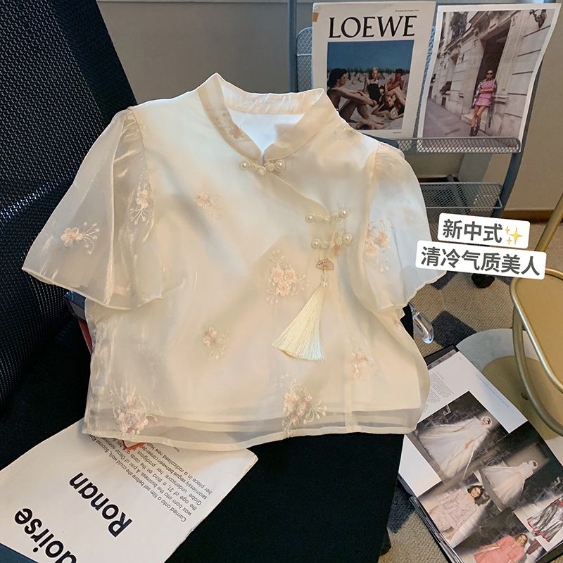 เสื้อเชิ้ตกี่เพ้า ตัวสั้น ผ้าตาข่าย ปักลาย สไตล์จีนย้อนยุค เหมาะกับฤดูร้อน สําหรับผู้หญิง