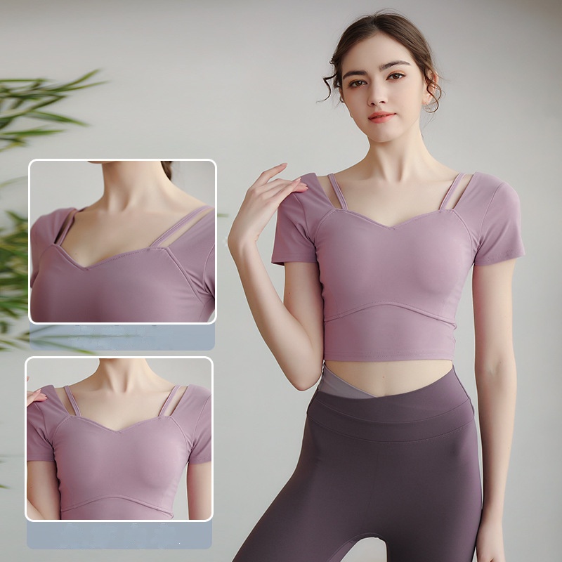 เสื้อยืดกีฬาโยคะ บุฟองน้ํา แบบเข้ารูป สีส้ม สีแดง สีม่วง สีชมพู สีดํา สไตล์ฮิปฮอป