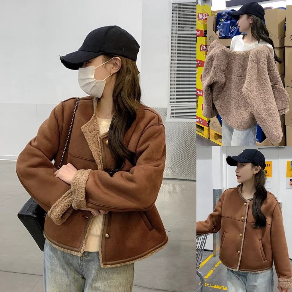 ใหม่ เสื้อโค้ทหนังแกะ ขนแกะ ใบสั้น แฟชั่นฤดูใบไม้ร่วง และฤดูหนาว สําหรับผู้หญิง