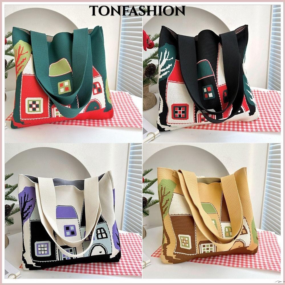 Tonfashion กระเป๋าสะพายไหล่ กระเป๋าถือแฟชั่น ผ้าถัก ลายการ์ตูนปราสาท ความจุขนาดใหญ่ นํากลับมาใช้ใหม่ได้ สําหรับสตรี