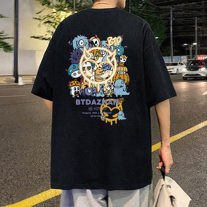 (จัดส่งตลอด 24 ชั่วโมง)Woo Right ผ้าฝ้าย100% ดชาย เสื้อยืดฟอก oversize cotton100 สไตล์ฮิปฮอป เรโทร T1556