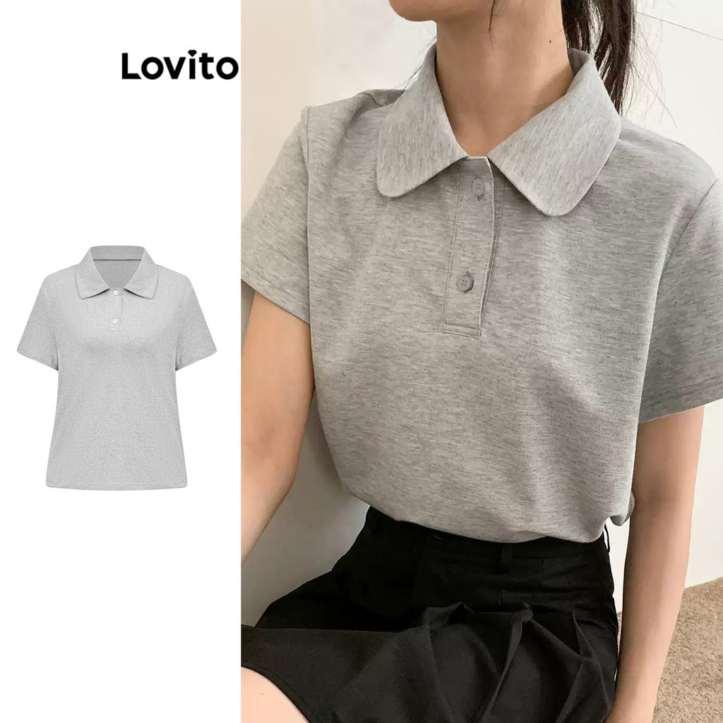 Lovito เสื้อยืดทรงเพรปปี้ติดกระดุมสีพื้นสำหรับผู้หญิง L108ED095