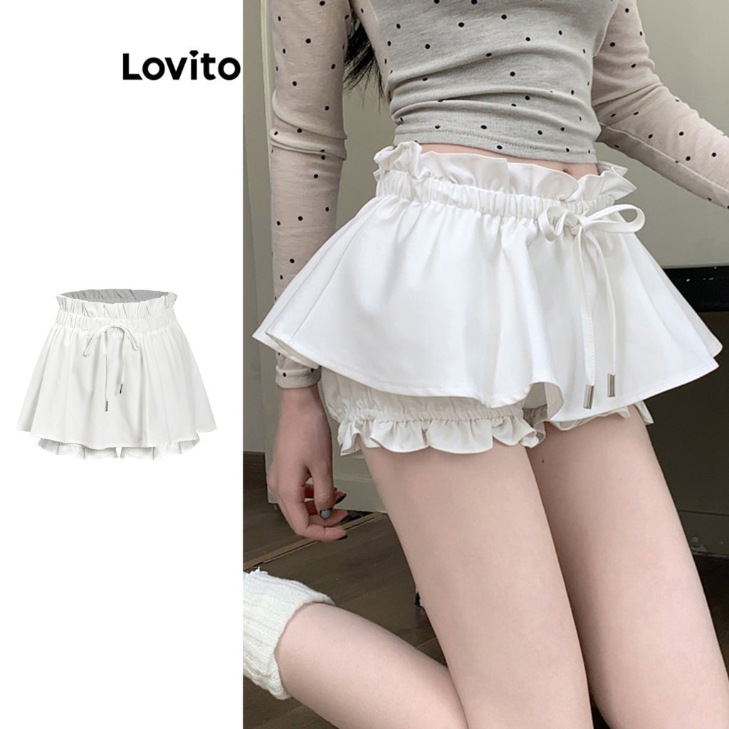 Lovito กางเกงขาสั้นผู้หญิง ขอบหยัก แบบผูกหน้า สีพื้น สไตล์น่ารัก L97AD193