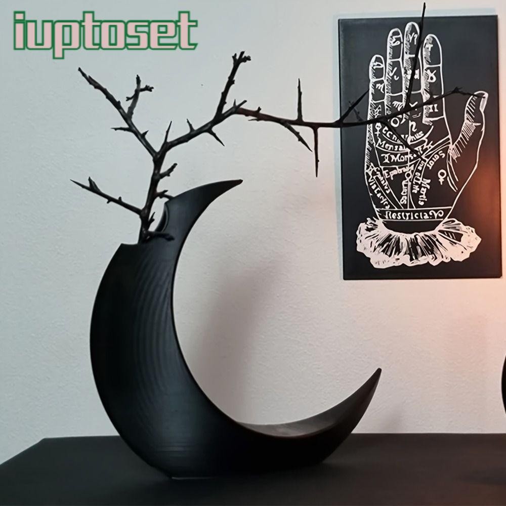 Iuptoset ดอกไม้แห้งแจกัน, PLA พิมพ์กระถางดอกไม้ประดิษฐ์, Creative สีดําสีขาว Gothic Moon แจกันเดสก์ท็อปเครื่องประดับ
