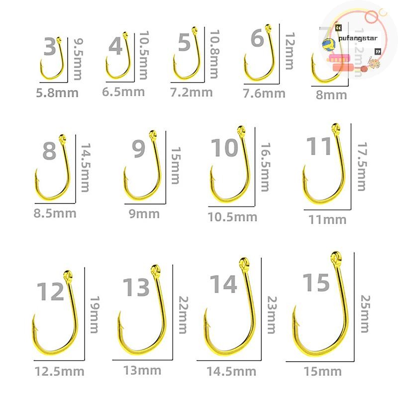 Pufangstar 100 ชิ้นกล่องสีทองแหวนหลอด Pay Iseini ตะขอ Barbed เหล็กคาร์บอนสูงตะขอตกปลาทะเล TH