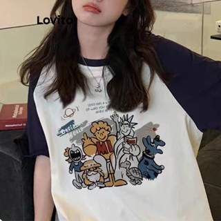 Lovito เสื้อยืดลําลอง ลายการ์ตูน บล็อกสี สําหรับผู้หญิง LNA21079 (สีดําและสีขาว)